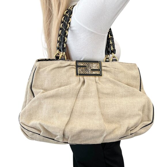FENDI Vintage FF Logo Mia Canvas Tote Bag Shoulder Bag Chain Handle [105152] - Picture 1 of 12